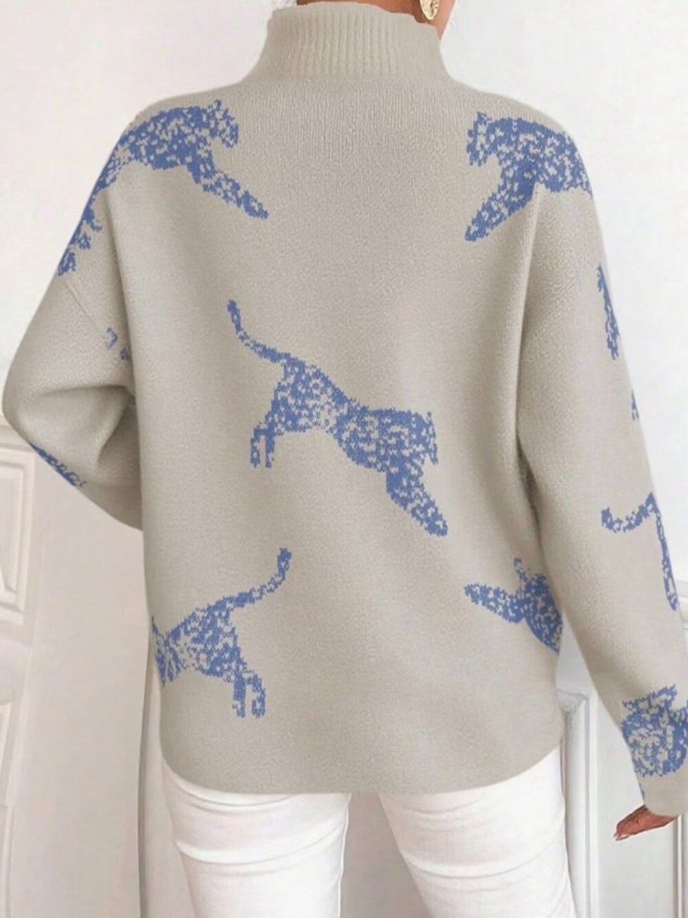 Leopard Tiger Print High Neck Fuzzy Knit Sweater Long Sleeve Size L NWT